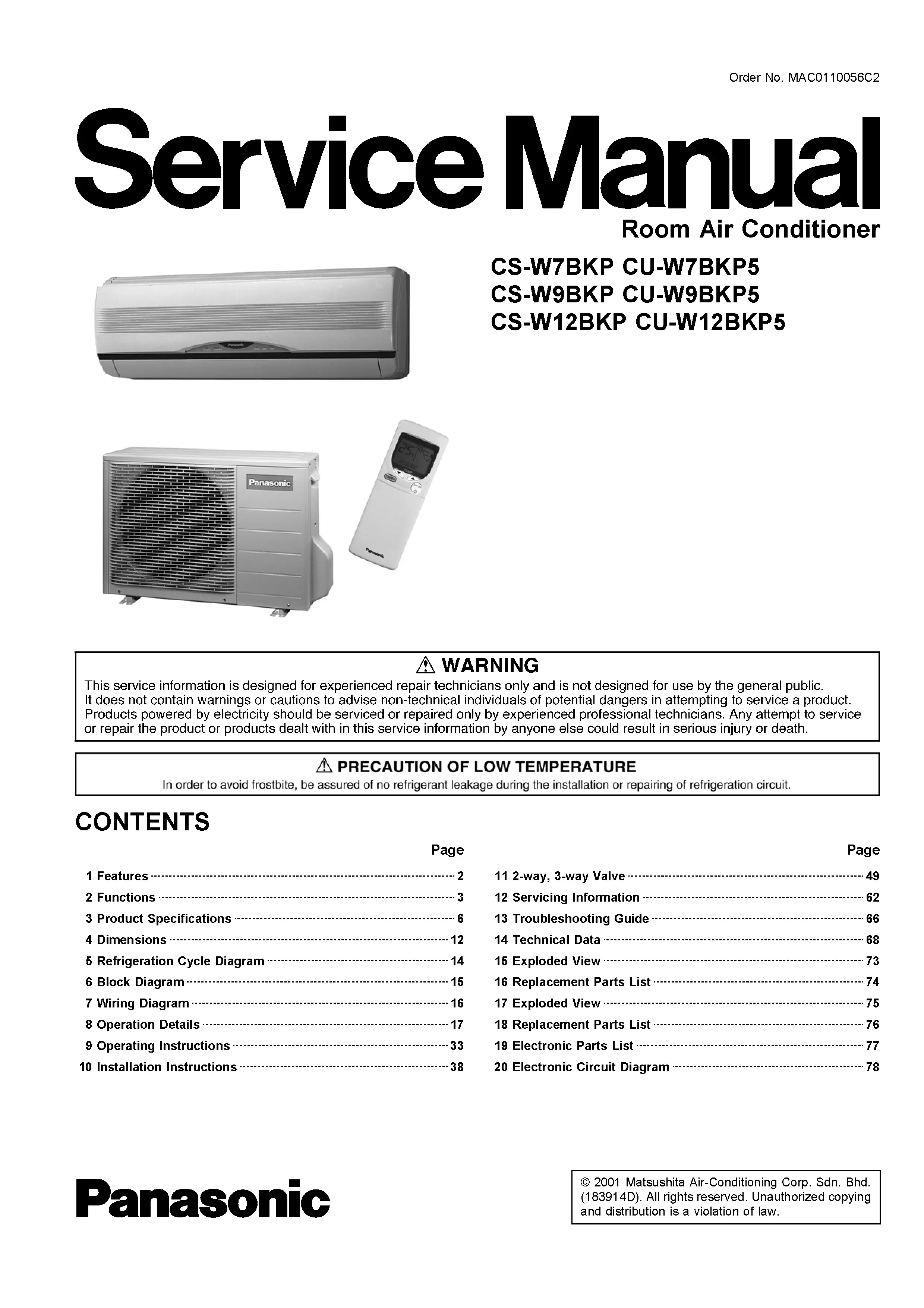 Panasonic cs w7bkp cs w9bkp cs w12bkp service manual cover