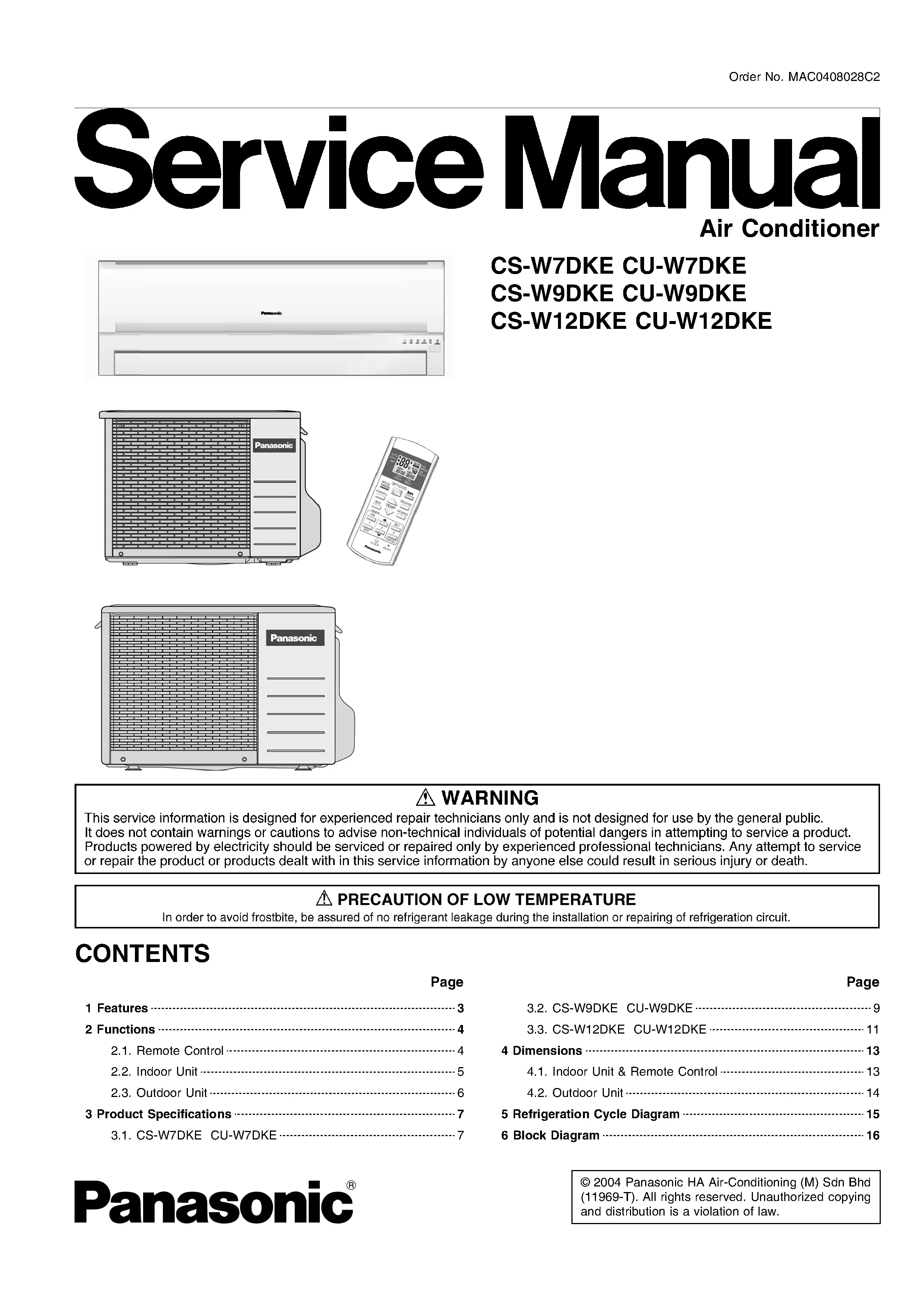 Panasonic cs w7dke cs w9dke cs w12dke service manual cover