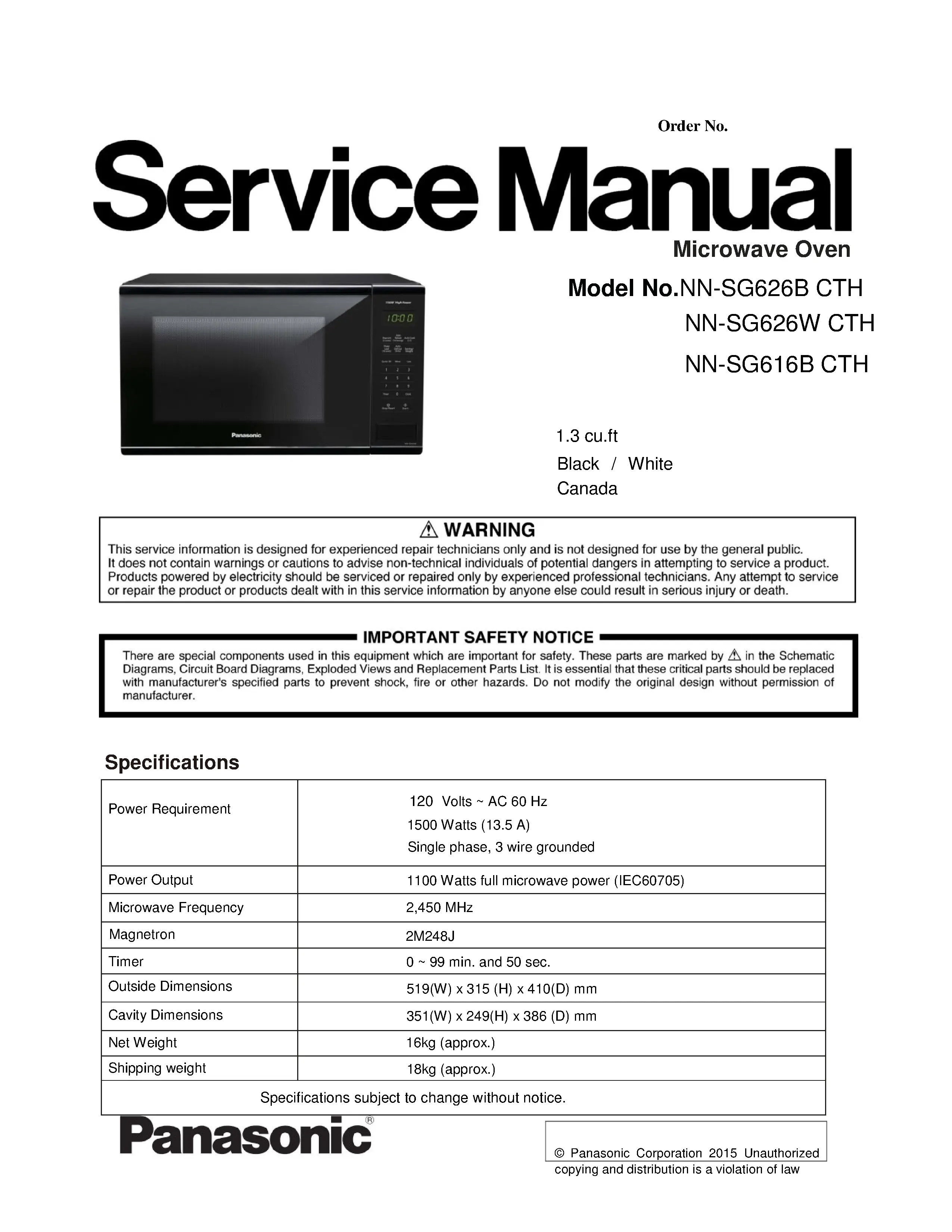 Panasonic nn sg626b sg626w sg616b service manual cover