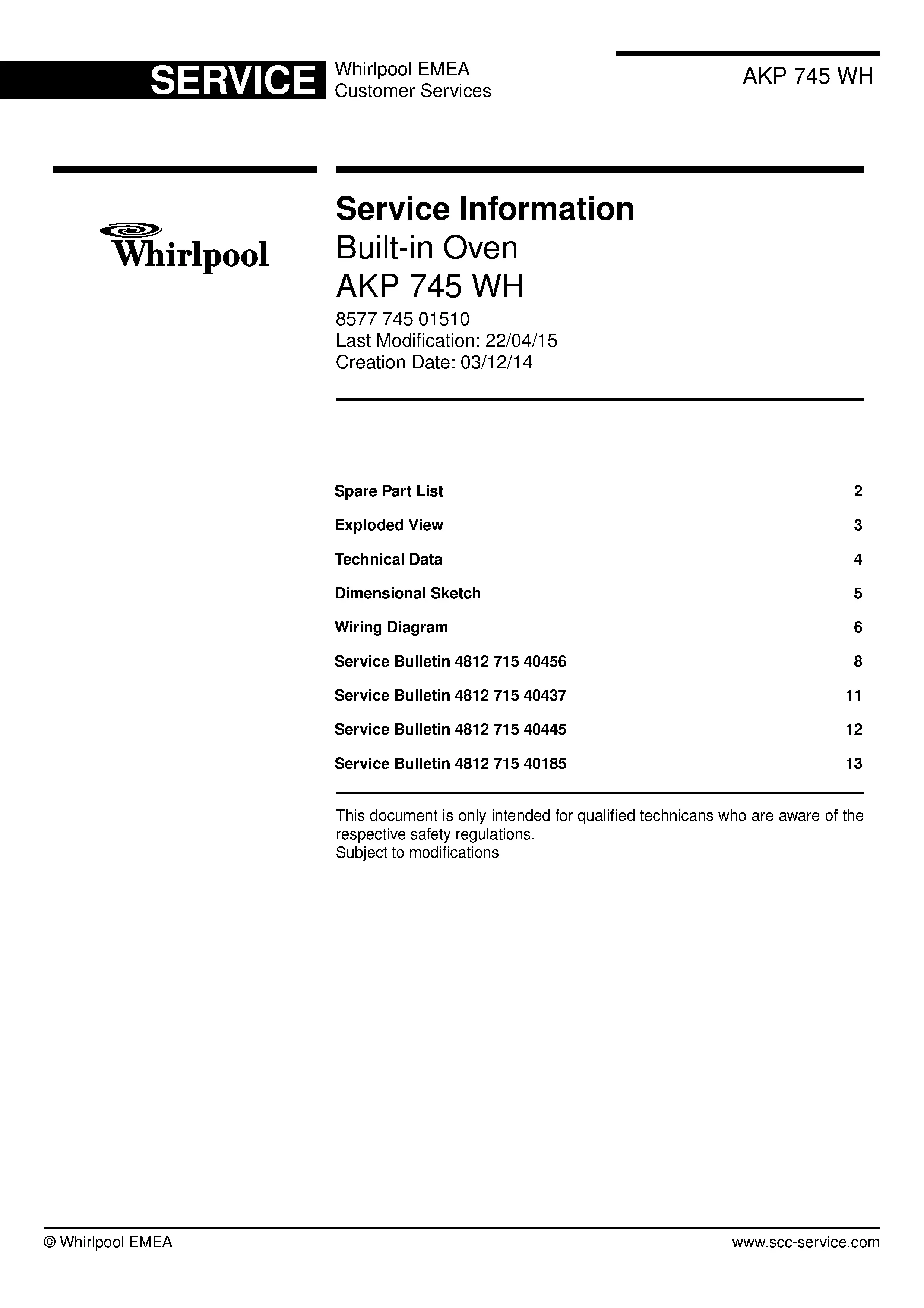 Whirlpool akp 745 wh service manual cover