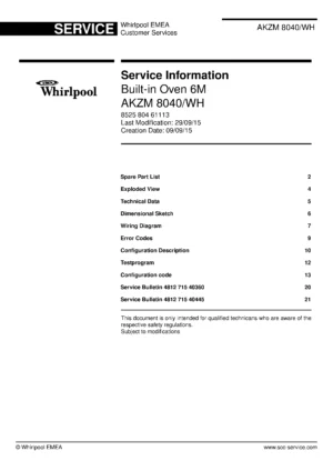 Whirlpool akzm 8040 wh service manual cover