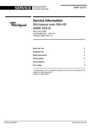 Whirlpool amw 433 ix service manual cover