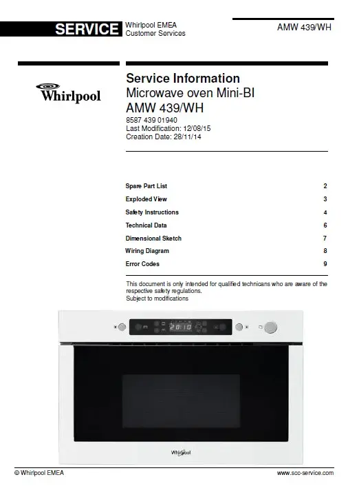 Whirlpool amw 439 wh service manual cover