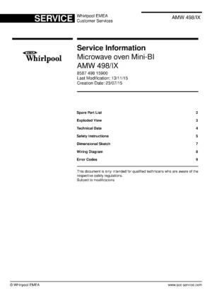 Whirlpool amw 498 ix service manual cover