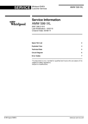 Whirlpool amw 599 ixl service manual cover