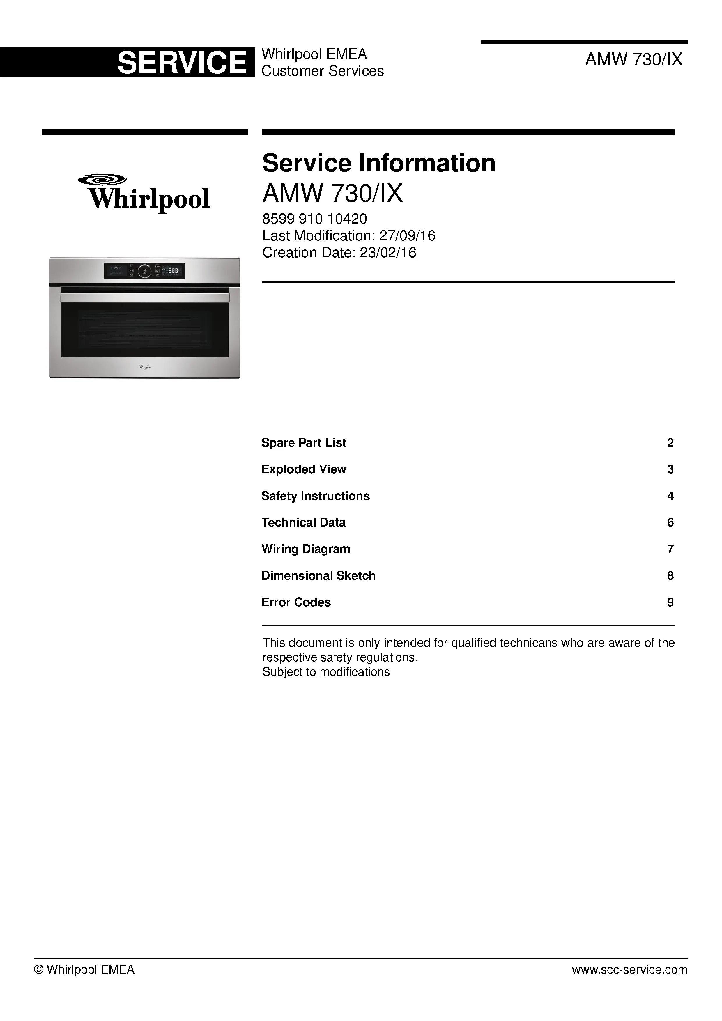 Whirlpool amw 730 ix service manual cover