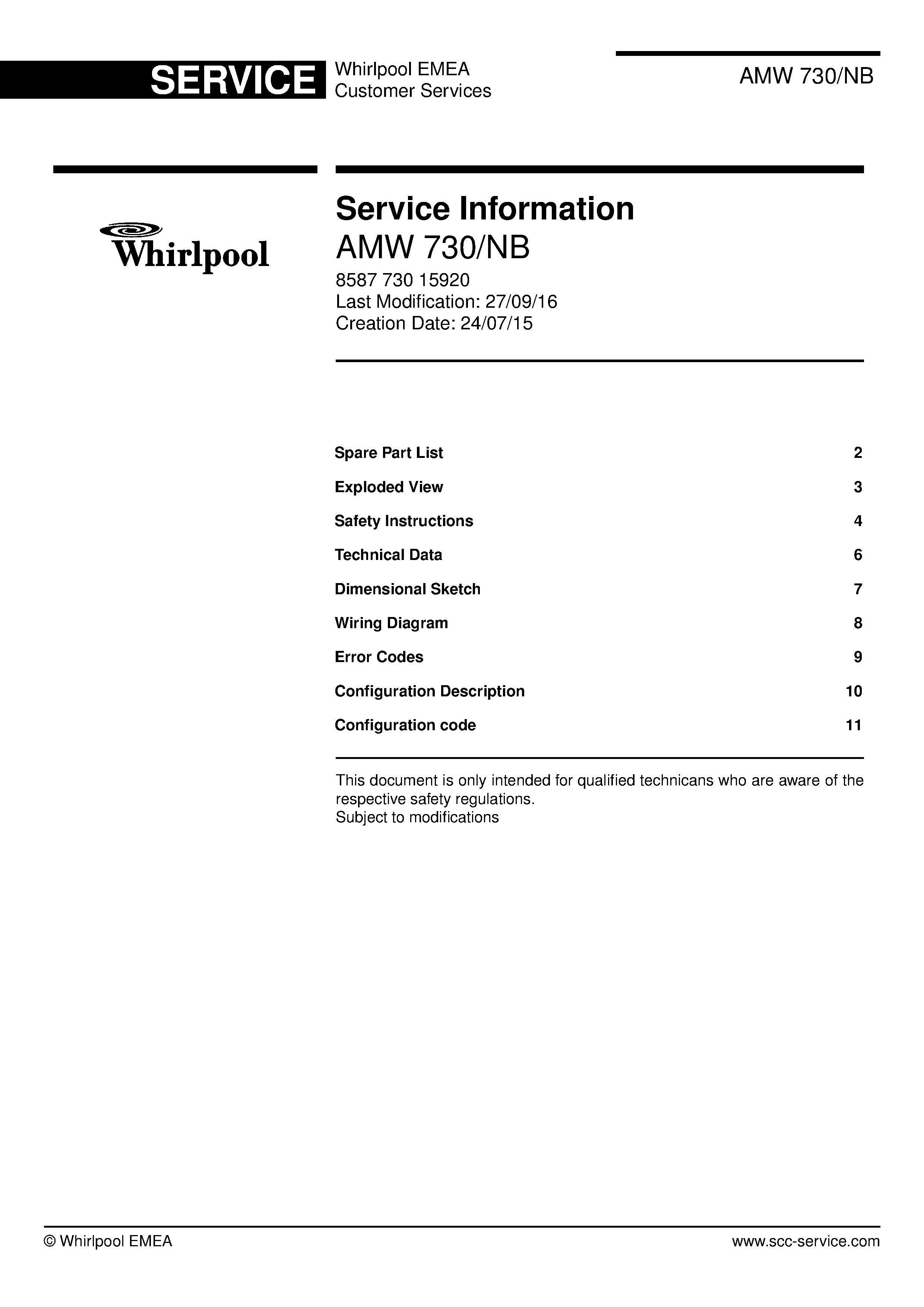Whirlpool amw 730 nb service manual cover