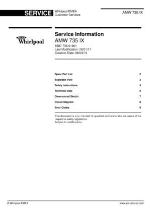 Whirlpool amw 735 ix service manual cover