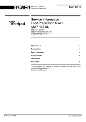 Whirlpool mwf 426 sl service manual cover